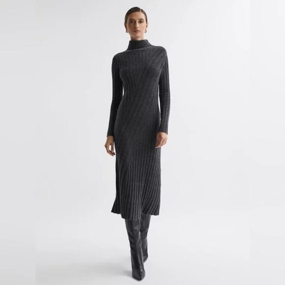 Reiss Cady Knitted Roll Neck Midi Dress Women's Small Cashmere Wool Gray